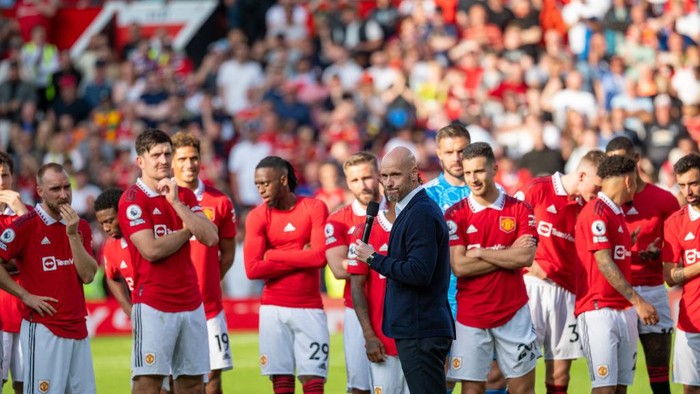 MANCHESTER, ENGLAND - MAY 28:  Manchester United Head Coach / Manager Erik ten Hag speaks at the end of the Premier League match between Manchester United and Fulham FC at Old Trafford on May 28, 2023 in Manchester, United Kingdom. (Photo by Ash Donelon/Manchester United via Getty Images)