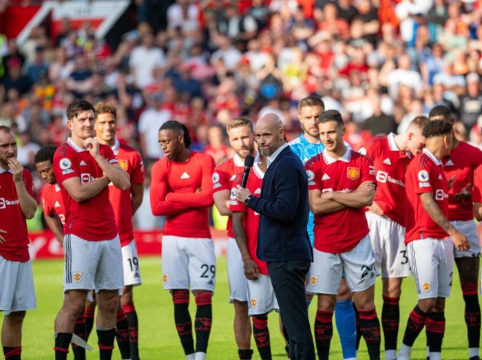 MANCHESTER, ENGLAND - MAY 28:  Manchester United Head Coach / Manager Erik ten Hag speaks at the end of the Premier League match between Manchester United and Fulham FC at Old Trafford on May 28, 2023 in Manchester, United Kingdom. (Photo by Ash Donelon/Manchester United via Getty Images)