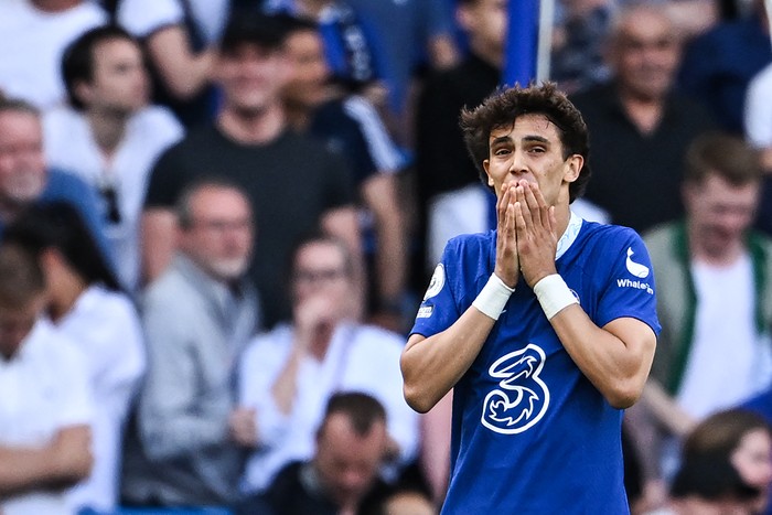 Chelseas Portuguese striker Joao Felix reacts after a missed chance during the English Premier League football match between Chelsea and Newcastle United at Stamford Bridge in London on May 28, 2023. (Photo by JUSTIN TALLIS / AFP) / RESTRICTED TO EDITORIAL USE. No use with unauthorized audio, video, data, fixture lists, club/league logos or live services. Online in-match use limited to 120 images. An additional 40 images may be used in extra time. No video emulation. Social media in-match use limited to 120 images. An additional 40 images may be used in extra time. No use in betting publications, games or single club/league/player publications. /  (Photo by JUSTIN TALLIS/AFP via Getty Images)