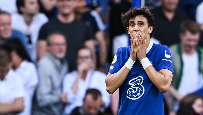 Chelseas Portuguese striker Joao Felix reacts after a missed chance during the English Premier League football match between Chelsea and Newcastle United at Stamford Bridge in London on May 28, 2023. (Photo by JUSTIN TALLIS / AFP) / RESTRICTED TO EDITORIAL USE. No use with unauthorized audio, video, data, fixture lists, club/league logos or live services. Online in-match use limited to 120 images. An additional 40 images may be used in extra time. No video emulation. Social media in-match use limited to 120 images. An additional 40 images may be used in extra time. No use in betting publications, games or single club/league/player publications. /  (Photo by JUSTIN TALLIS/AFP via Getty Images)