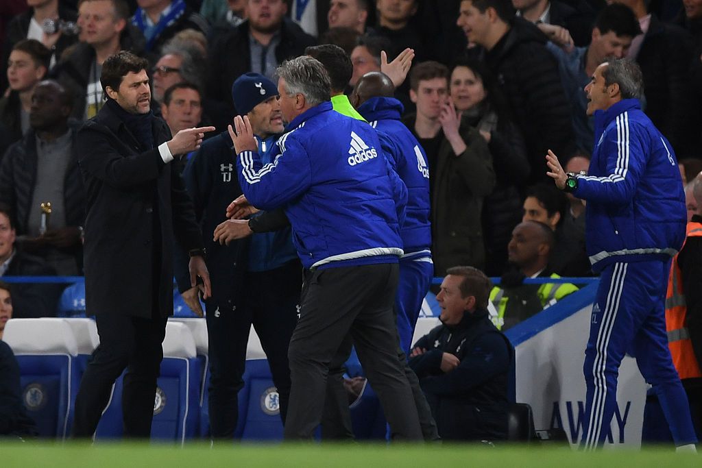 LONDON, ENGLAND - MAY 02:  Mauricio Pochettino the manager of Tottenham Hotspur and Guus Hiddink the interim manager of Chelsea clash during the Barclays Premier League match between Chelsea and Tottenham Hotspur at Stamford Bridge on May 02, 2016 in London, England.jd  (Photo by Shaun Botterill/Getty Images)