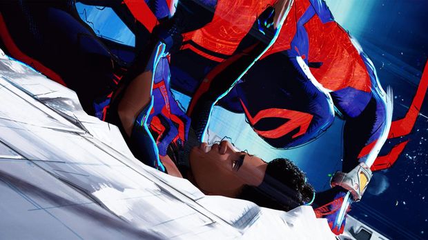 Spider-Man 2099 (Oscar Isaac) dan Miles Morales (Shameik Moore) dalam Spider-Man: Across the Spider-Verse.