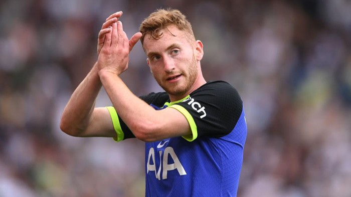 LEEDS, ENGLAND - MAY 28: Spurs player Dejan Kulusevski applauds during the Premier League match between Leeds United and Tottenham Hotspur at Elland Road on May 28, 2023 in Leeds, England. (Photo by Stu Forster/Getty Images)
