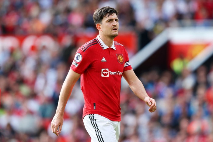 MANCHESTER, ENGLAND - MAY 28: Harry Maguire of Manchester United during the Premier League match between Manchester United and Fulham FC at Old Trafford on May 28, 2023 in Manchester, England. (Photo by Matt McNulty/Getty Images)
