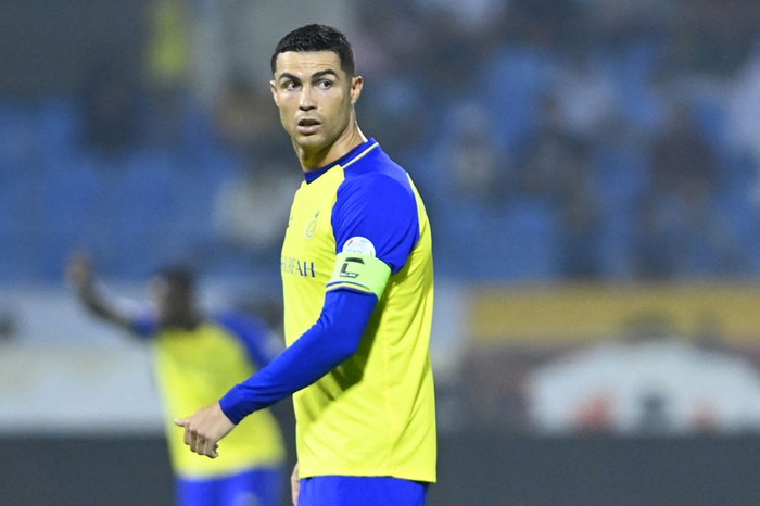 Nassrs Portuguese forward Cristiano Ronaldo looks on during the Saudi Pro League football match between Al-Nassr and Al-Ettifaq at the Prince Mohammed Bin Fahd Stadium in Dammam on May 27, 2023. (Photo by AFP) (Photo by -/AFP via Getty Images)