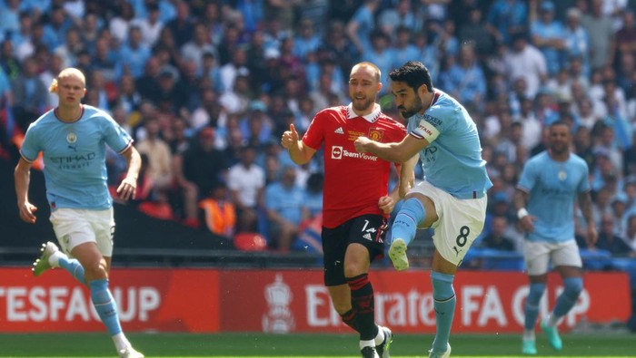Soccer Football - FA Cup Final - Manchester City v Manchester United - Wembley Stadium, London, Britain - June 3, 2023 Manchester Citys Ilkay Gundogan scores their first goal Action Images via Reuters/Paul Childs
