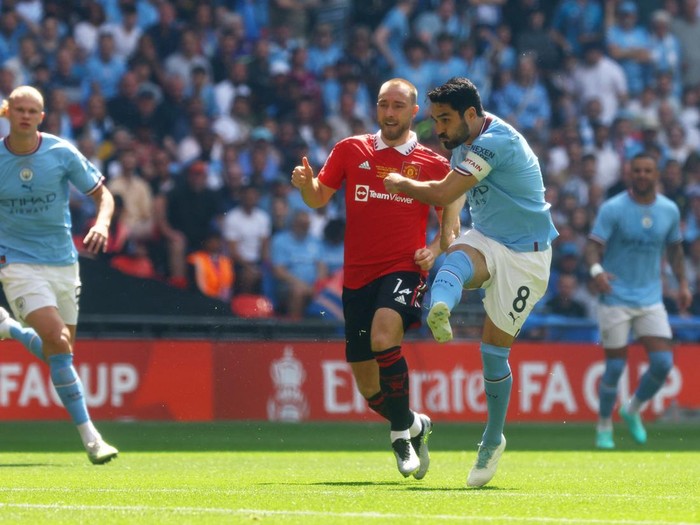 Soccer Football - FA Cup Final - Manchester City v Manchester United - Wembley Stadium, London, Britain - June 3, 2023 Manchester City's Ilkay Gundogan scores their first goal Action Images via Reuters/Paul Childs