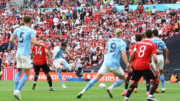Soccer Football - FA Cup Final - Manchester City v Manchester United - Wembley Stadium, London, Britain - June 3, 2023 Manchester City's Ilkay Gundogan scores their second goal REUTERS/Carl Recine