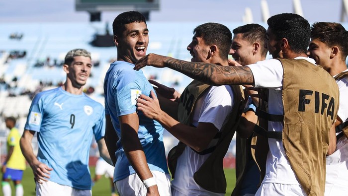 SAN JUAN, ARGENTINA - JUNE 3: Anan Khalaili of Israel (L) celebrating his goal with his teammates during a FIFA U-20 World Cup Argentina 2023  Quarter Finals match between Israel and Brazil at Estadio San Juan on June 3, 2023 in San Juan, Argentina. (Photo by Martin Fonseca/Eurasia Sport Images/Getty Images)