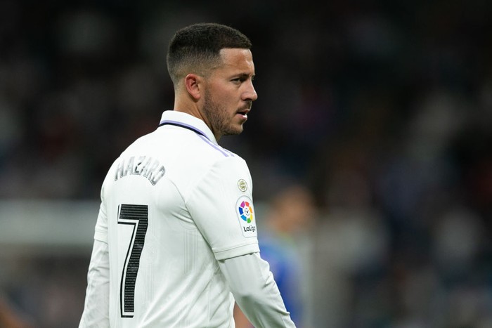 Eden Hazard MADRID, SPAIN - MAY 13: Eden Hazard of Real Madrid looks on during the LaLiga Santander match between Real Madrid CF and Getafe CF at Estadio Santiago Bernabeu on May 13, 2023 in Madrid, Spain. (Photo by Florencia Tan Jun/Getty Images)