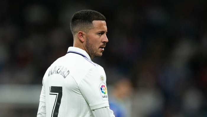 Eden Hazard MADRID, SPAIN - MAY 13: Eden Hazard of Real Madrid looks on during the LaLiga Santander match between Real Madrid CF and Getafe CF at Estadio Santiago Bernabeu on May 13, 2023 in Madrid, Spain. (Photo by Florencia Tan Jun/Getty Images)
