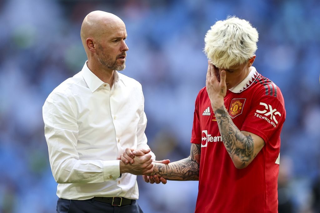 LONDON, ENGLAND - JUNE 03: Head Coach Erik ten Hag with Alejandro Garnacho of Manchester United after their sides 2-1 defeat during the FA Cup Final match between Manchester City and Manchester United at Wembley Stadium on June 03, 2023 in London, England. (Photo by Robin Jones/Getty Images)