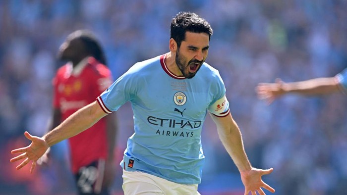 LONDON, ENGLAND - JUNE 03: Ilkay Gundogan of Manchester City celebrates 1st goal during the Emirates FA Cup Final match between Manchester City and Manchester United at Wembley Stadium on June 03, 2023 in London, England. (Photo by Will Palmer/Sportsphoto/Allstar Via Getty Images)