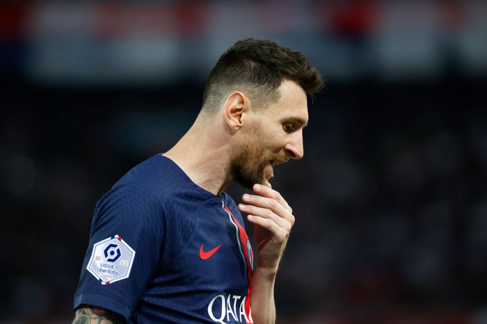 PARIS, FRANCE - JUNE 3: Lionel Messi #30 of Paris Saint-Germain looks on during the Ligue 1 match between Paris Saint-Germain and Clermont Foot 63 at Parc des Princes on June 3, 2023 in Paris, France. (Photo by Catherine Steenkeste/Getty Images)