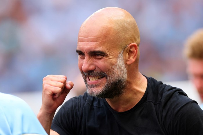 LONDON, ENGLAND - JUNE 3: Pep Guardiola manager of Manchester City celebrates during the Emirates FA Cup Final match between Manchester City and Manchester United at Wembley Stadium on June 3, 2023 in London, England. (Photo by Marc Atkins/Getty Images)