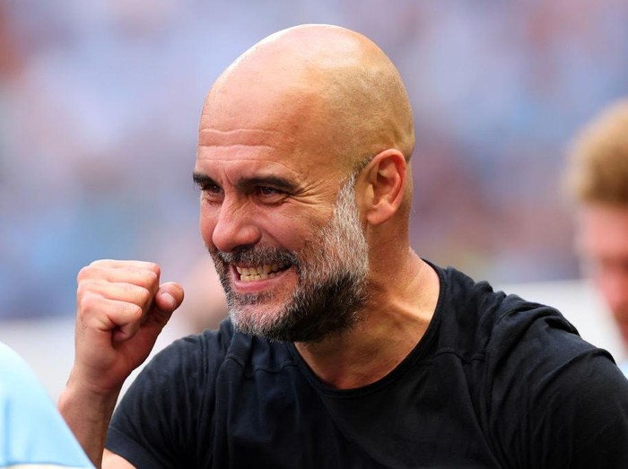 LONDON, ENGLAND - JUNE 3: Pep Guardiola manager of Manchester City celebrates during the Emirates FA Cup Final match between Manchester City and Manchester United at Wembley Stadium on June 3, 2023 in London, England. (Photo by Marc Atkins/Getty Images)