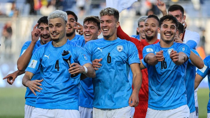 SAN JUAN, ARGENTINA - JUNE 03: Stav Lemkin, El Yam Kancepolsky and Ran Binyamin of Israel celebrate following the teams victory in the FIFA U-20 World Cup Argentina 2023  Quarter Finals match between Israel and Brazil at Estadio San Juan on June 03, 2023 in San Juan, Argentina. (Photo by Buda Mendes - FIFA/FIFA via Getty Images)