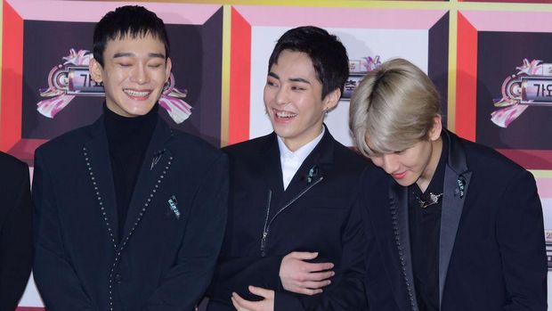 SEOUL, SOUTH KOREA - DECEMBER 29: Chen, Xiumin, Baekhyun of EXO attend the 2017 KBS Song Festival at KBS Hall on December 29, 2017 in Seoul, South Korea. (Photo by The Chosunilbo JNS/Imazins via Getty Images)