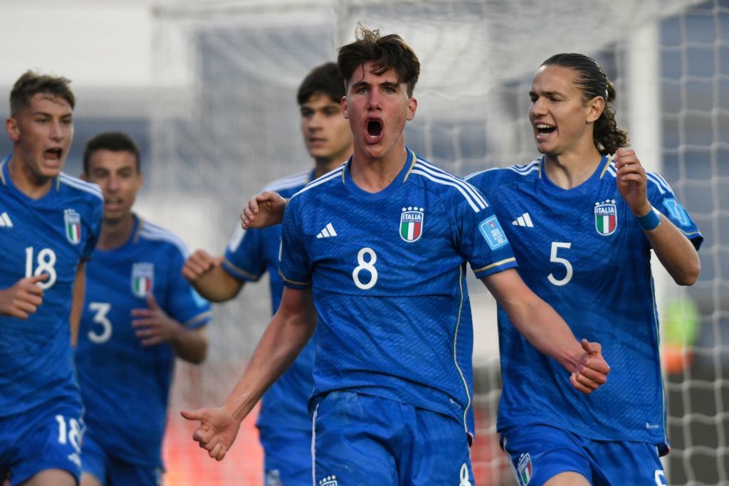 Italy's midfielder Cesare Casadei celebrates after scoring a goal during the Argentina 2023 U-20 World Cup quarter-final football match between Colombia and Italy at the San Juan del Bicentenario stadium in San Juan, Argentina, on June 3, 2023. (Photo by Andres Larrovere / AFP) (Photo by ANDRES LARROVERE/AFP via Getty Images)