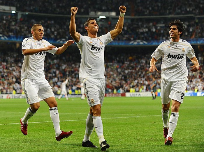 Karim Benzema, Cristiano Ronaldo and Kaka (Madrid) celebrate. | Location: Madrid, Spain.  (Photo by liewig christian/Corbis via Getty Images)