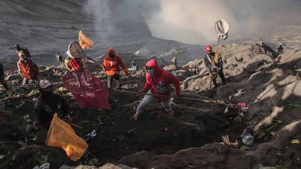 Cuaca Dingin Iringi Larung Sesaji Suku Tengger di Kawah Bromo