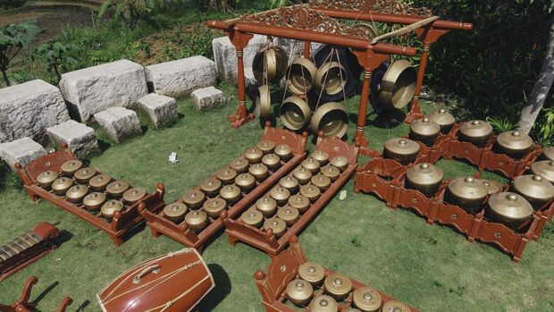 Aerial top view of Gamelan, traditional javanese and balinese music instuments.