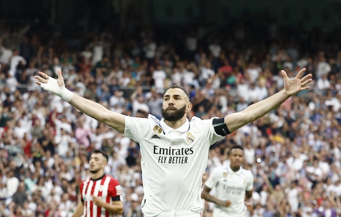 Karim Benzema Soccer Football - LaLiga - Real Madrid v Athletic Bilbao - Santiago Bernabeu, Madrid, Spain - June 4, 2023 Real Madrid's Karim Benzema celebrates scoring their first goal REUTERS/Juan Medina