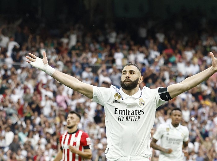 Soccer Football - LaLiga - Real Madrid v Athletic Bilbao - Santiago Bernabeu, Madrid, Spain - June 4, 2023 Real Madrid's Karim Benzema celebrates scoring their first goal REUTERS/Juan Medina