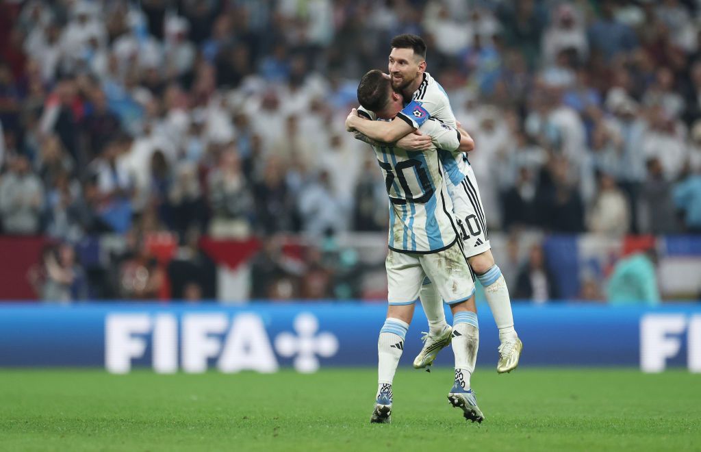 LUSAIL CITY, QATAR - DECEMBER 18: Lionel Messi of Argentina celebrates with Alexis Mac Allister after scoring the team's third goal during the FIFA World Cup Qatar 2022 Final match between Argentina and France at Lusail Stadium on December 18, 2022 in Lusail City, Qatar. (Photo by Maja Hitij - FIFA/FIFA via Getty Images)