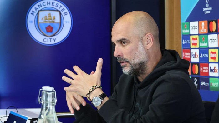 MANCHESTER, ENGLAND - JUNE 06:  Pep Guardiola the manager of Manchester City faces the media at a press conference during their UEFA Champions League Media Day at Manchester City Football Academy on June 06, 2023 in Manchester, England. (Photo by Alex Livesey - Danehouse/Getty Images)