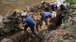 Petugas SDA Jaksel Perbaiki Turap di Saluran Kali Jalan Saharjo