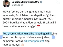 Sandiaga Sempat Ucapkan Selamat ke Putri Ariani, tapi Kok Dihapus Pak?