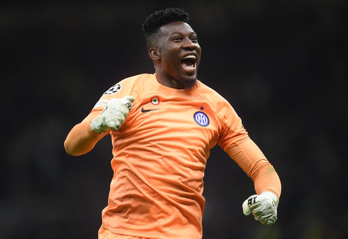 Soccer Football - Champions League - Semi Final - Second Leg - Inter Milan v AC Milan - San Siro, Milan, Italy - May 16, 2023 Inter Milans Andre Onana celebrates after Lautaro Martinez scores their first goal REUTERS/Daniele Mascolo