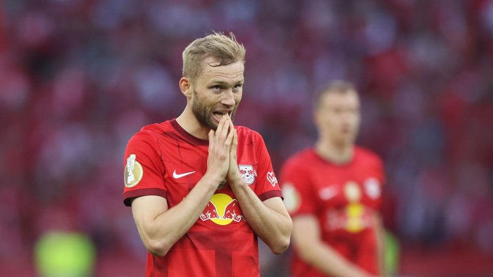 BERLIN, GERMANY - JUNE 03: Konrad Laimer of RB Leipzig reacts during the DFB Cup final match between RB Leipzig and Eintracht Frankfurt at Olympiastadion on June 03, 2023 in Berlin, Germany. (Photo by Alex Grimm/Getty Images)