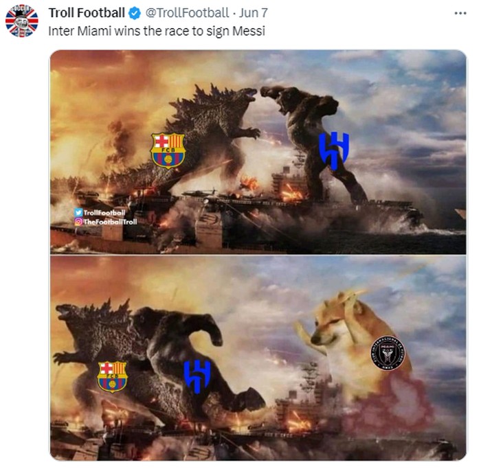 Meme Inter Miami Meme Lionel Messi gabung ke Inter Miami dan perbandingan popularitas dengan Rihanna.