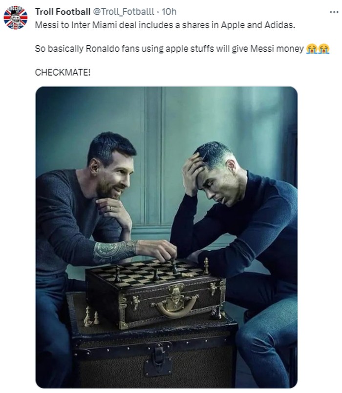 Meme Lionel Messi gabung ke Inter Miami dan perbandingan popularitas dengan Rihanna.