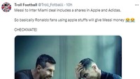 Inter Miami kabarnya melibatkan Apple dan Adidas dalam menggaet Messi. Meme ini menggambarkan keuntungan yang didapat LM10 dan Inter Miami tiap kali fans Cristiano Ronaldo memakai produk Apple dan Adidas! (Foto: Twitter)