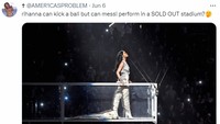 Namun, ada pula yang sangsi dengan popularitas Messi di AS. La Pulga diklaim kalah ngetop dibandingkan penyanyi kondang Rihanna yang bisa bikin stadion penuh dalam tiap konsernya. (Foto: Twitter)