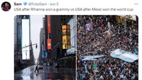 Fans Messi langsung membandingkan momen saat Rihanna menang Grammy Awards dan perayaan juara Argentina di AS. Kontras banget, ya! (Foto: Twitter)