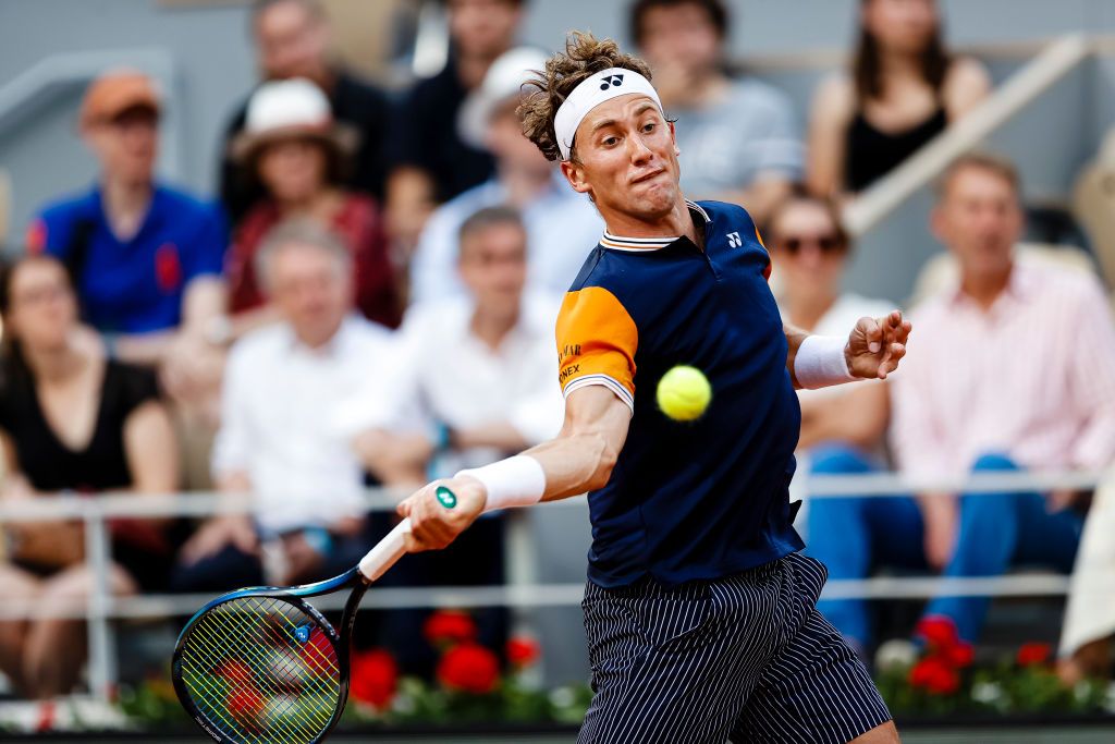 PARIS, FRANCE - JUNE 9: Casper Ruud of Norway in action against Alexander Zverev of Germany during the Men's Semi Final match on Day Thirteen of the 2023 French Open at Roland Garros on June 9, 2023 in Paris, France. (Photo by Antonio Borga/Eurasia Sport Images/Getty Images)