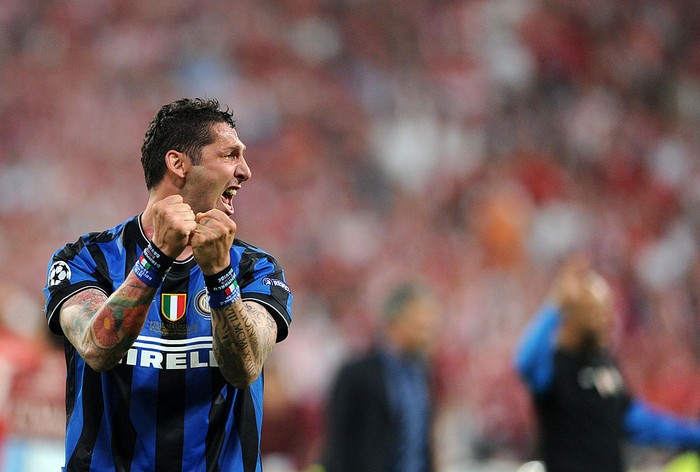 Inter Milan's defender Marco Materazzi celebrates after the UEFA Champions League final football match Inter Milan against Bayern Munich at the Santiago Bernabeu stadium in Madrid on May 22, 2010. Inter Milan won the Champions League with a 2-0 victory over Bayern Munich in the final at the Santiago Bernabeu. Argentine striker Diego Milito scored both goals for Jose Mourinho's team who completed a treble of trophies this season.  AFP PHOTO / CHRISTOPHE SIMON (Photo credit should read CHRISTOPHE SIMON/AFP via Getty Images)