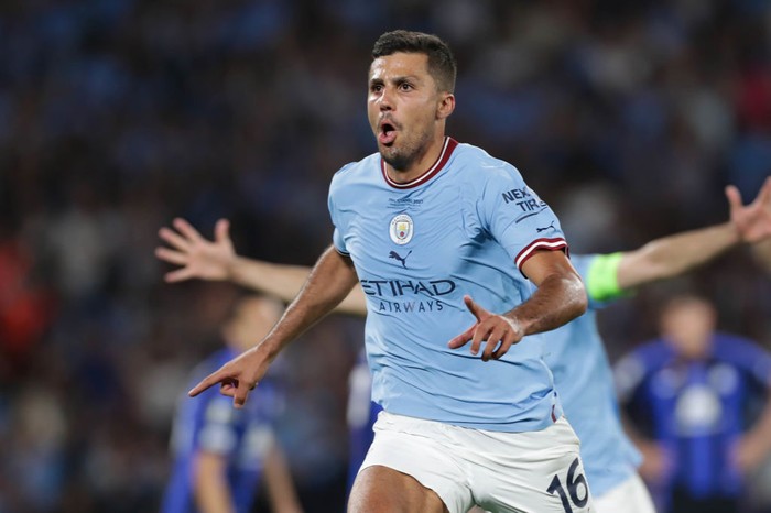 ISTANBUL, TURKEY - 2023/06/10: Rodrigo Hernández Cascante, known as Rodri of Manchester City celebrates a goal during the UEFA Champions League final match between Manchester City and Inter at Ataturk Olympic Stadium. Final Score; Manchester City 1:0 Inter. Final Score; Manchester City 1:0 Inter. (Photo by Grzegorz Wajda/SOPA Images/LightRocket via Getty Images)