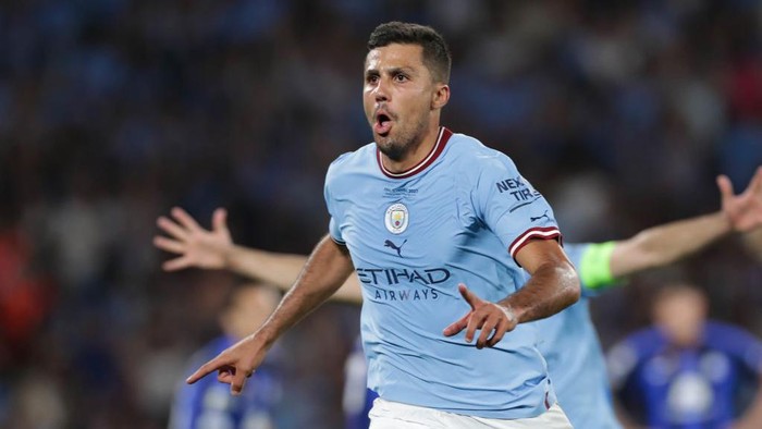 ISTANBUL, TURKEY - 2023/06/10: Rodrigo Hernández Cascante, known as Rodri of Manchester City celebrates a goal during the UEFA Champions League final match between Manchester City and Inter at Ataturk Olympic Stadium. Final Score; Manchester City 1:0 Inter. Final Score; Manchester City 1:0 Inter. (Photo by Grzegorz Wajda/SOPA Images/LightRocket via Getty Images)