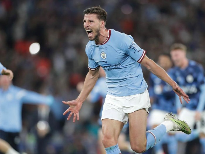 ISTANBUL, TURKEY - 2023/06/10: Ruben Dias of Manchester City celebrates a goal during the UEFA Champions League final match between Manchester City and Inter at Ataturk Olympic Stadium. Final Score; Manchester City 1:0 Inter. Final Score; Manchester City 1:0 Inter. (Photo by Grzegorz Wajda/SOPA Images/LightRocket via Getty Images)
