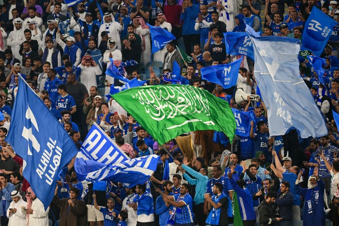 Fans of Saudi Arabias Al Hilal Saudi FC during the AFC Champions League 2022 quarterfinals match between Al Hilal Saudi FC and Foolad F.C at Al Janoub Stadium in Doha, Qatar on 23 February 2023. Al Hilal Saudi FC won 1-0
 (Photo by Noushad Thekkayil/NurPhoto via Getty Images)