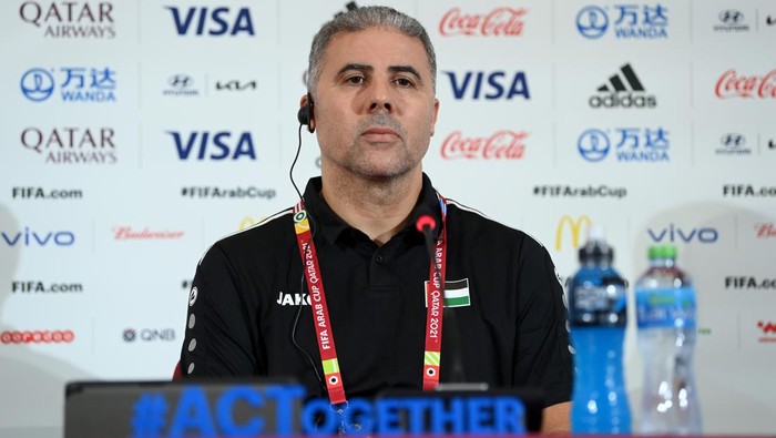 DOHA, QATAR - DECEMBER 04: Makram Daboub, Head Coach of Palestine talks to the media during a press conference following the FIFA Arab Cup Qatar 2021 Group C match between Palestine and Saudi Arabia at Education City Stadium on December 04, 2021 in Doha, Qatar. (Photo by David Ramos - FIFA/FIFA via Getty Images)