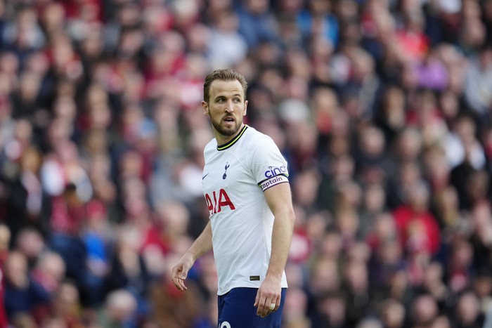 Tottenhams Harry Kane looks on during an English Premier League soccer match between Liverpool and Tottenham Hotspur at Anfield stadium in Liverpool, Sunday, April 30, 2023. (AP Photo/Jon Super)