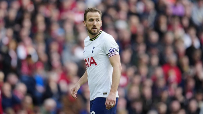 Tottenhams Harry Kane looks on during an English Premier League soccer match between Liverpool and Tottenham Hotspur at Anfield stadium in Liverpool, Sunday, April 30, 2023. (AP Photo/Jon Super)