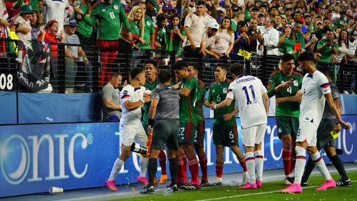 Jun 15, 2023; Las Vegas, Nevada, USA; USA and Mexico interact during the second half at Allegiant Stadium. Mandatory Credit: Lucas Peltier-USA TODAY Sports
