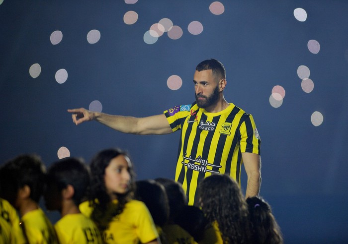 Soccer Football - Welcome ceremony for Karim Benzema after joining Al-Ittihad - Jeddah, Saudi Arabia - June 8, 2023 Al-Ittihads Karim Benzema during his presentation. REUTERS/Stringer